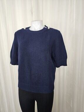 Chanel Pearl Pin Embellished Cashmere Sweater Navy Blue Short Sleeve 46
